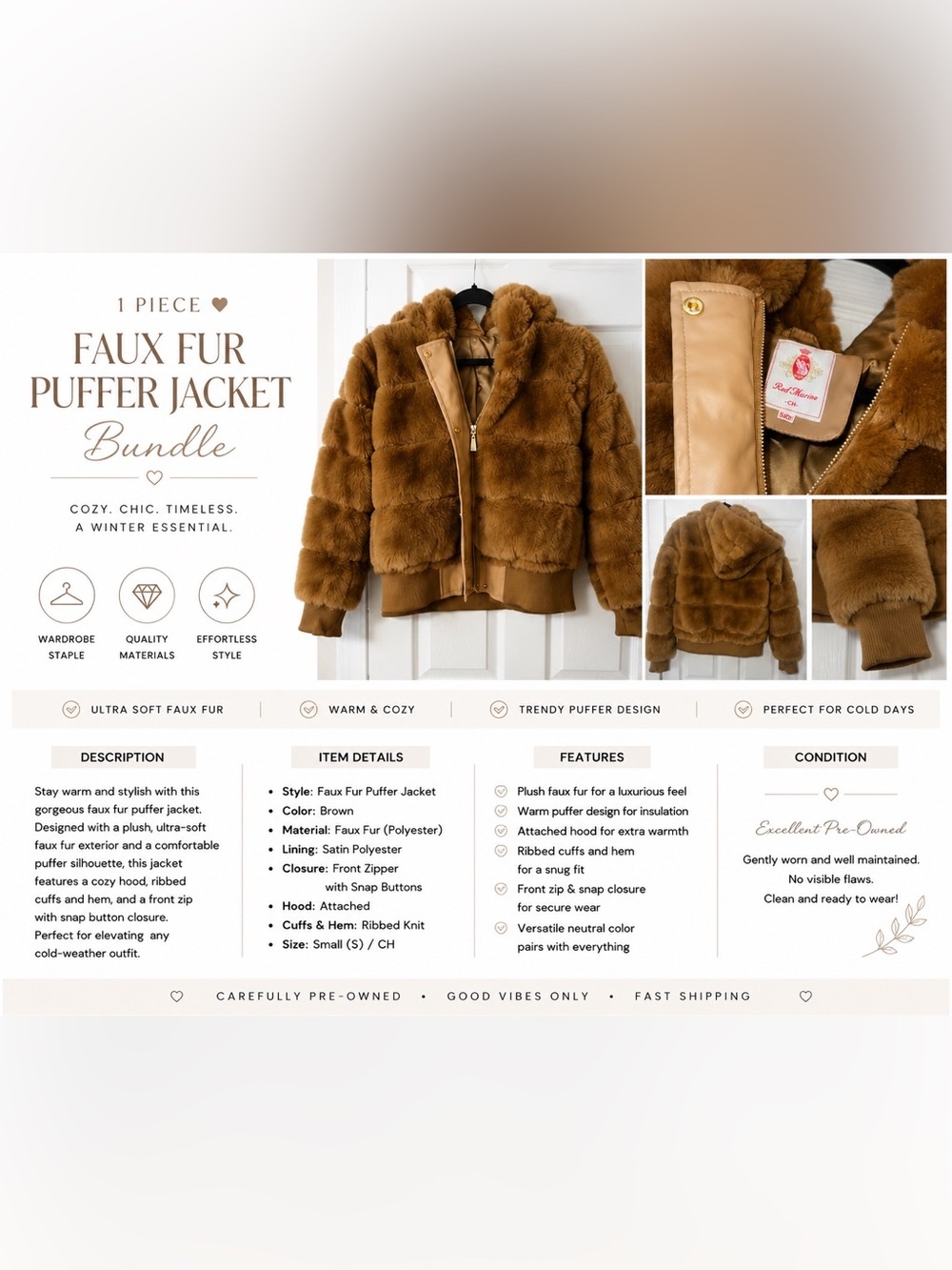 Worn Once! -Red Marine Cozy Brown Teddy Jacket: Size SM